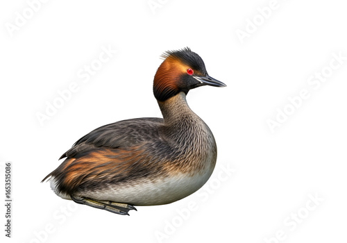 A close-up profile view of a great crested grebe, showcasing its intricate plumage and striking color patterns against a pure black backdrop.