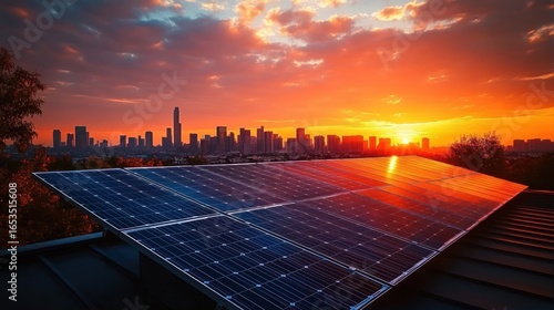 Wallpaper Mural Solar panels on rooftop reflecting vibrant sunset with city skyline in the background under colorful cloudy sky Torontodigital.ca