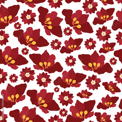 red flowers with yellow pollen hand drawn vector seamless pattern. Red flowers with pollen grains seamless pattern. Good for fabric, textile, decoration, wrapping, tiles, fashion and more.