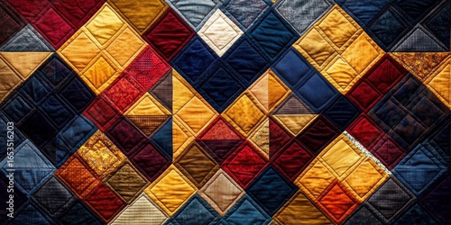 Close-up of a colorful geometric patchwork quilt featuring squares and triangles in warm and cool tones with detailed stitching and fabric textures