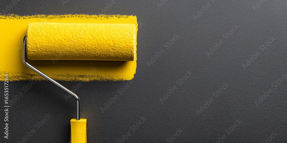 Obraz premium A yellow paint roller rests on a freshly painted dark gray wall, ready for use. The image highlights preparation, renovation, and attention to detail.
