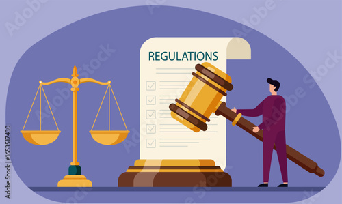 A flat vector illustration symbolizing legal concepts. A man holds a large gavel next to a regulations checklist and scales of justice, representing law and compliance