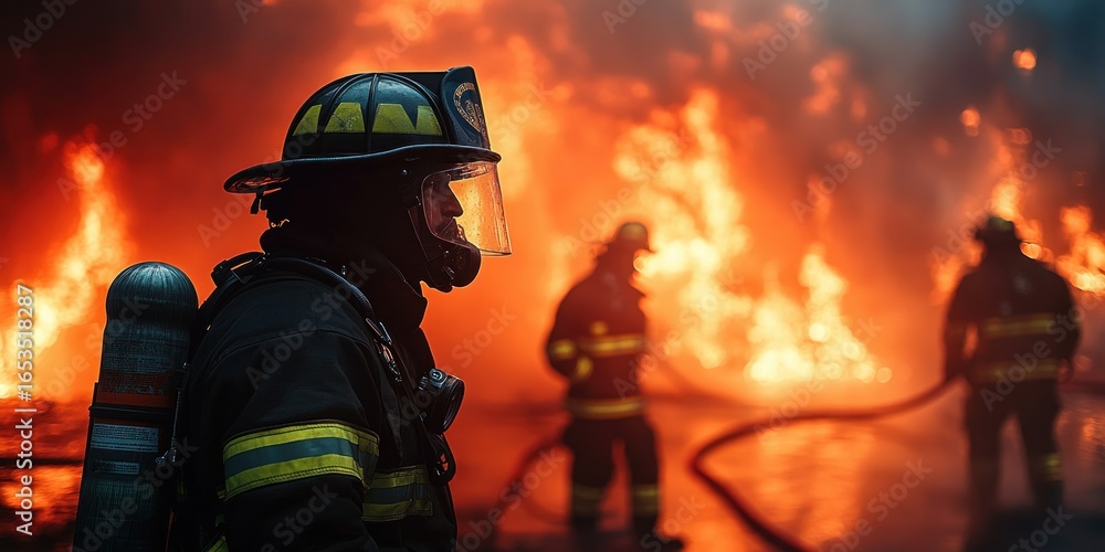 Naklejka premium Firefighters in full gear battling large blazing fire with intense flames in background, teamwork and determination visible