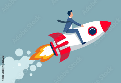 An ambitious businessman rides a rocket, symbolizing a startup launch, fast career growth, and achieving high goals