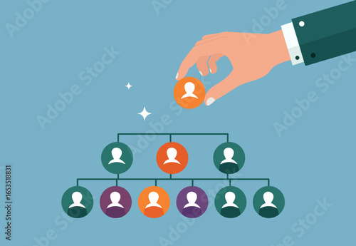 A hand places a leader at the top of an organizational chart, symbolizing recruitment, team building, and corporate hierarchy