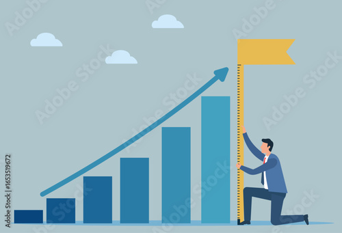 A businessman measures a rising bar chart with a target flag, symbolizing goal setting, performance tracking, and achieving business growth