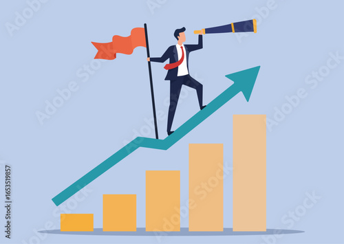 A businessman with a flag and telescope rides a rising arrow over a growth chart, symbolizing leadership, future vision, and successful business strategy