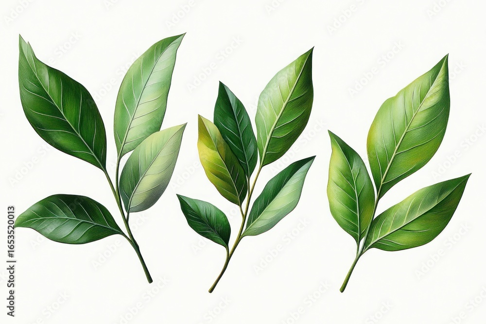 Obraz premium Three detailed green leafy branches with varying shades and smooth textures on a white background
