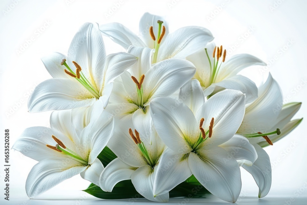 Fototapeta premium Close-up of a vibrant bouquet of fresh white lilies with green stems against a bright and soft background conveying purity and elegance