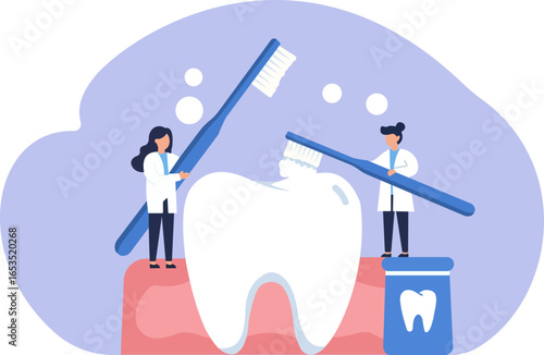 A flat vector illustration of two dentists cleaning a large tooth, symbolizing professional dental care, teamwork, and the importance of oral hygiene
