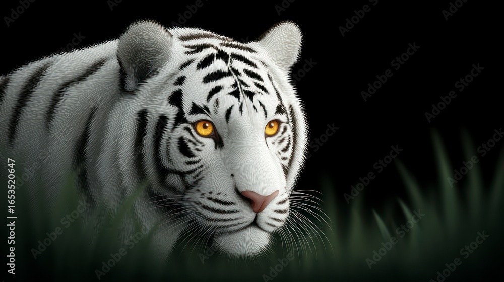 Obraz premium Close up of a majestic white tiger with striking yellow eyes partially hidden in tall green grass