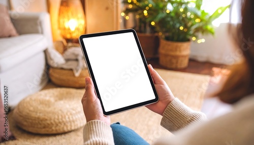 Woman holding a tablet in a cozy home
