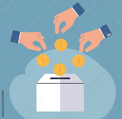 This flat vector illustration depicts collective giving. Multiple hands contribute coins to a box, symbolizing charity, crowdfunding, fundraising, or investment