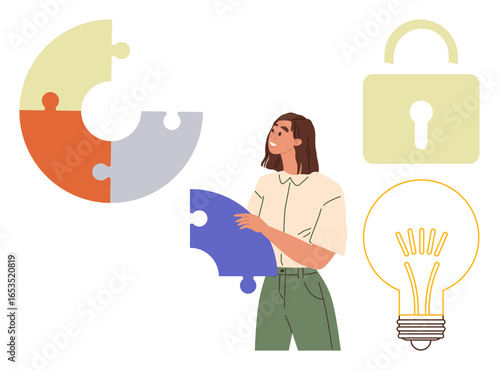Woman holding a puzzle piece near a partial puzzle, lock, and light bulb symbolizing solution, ideas, and security. Ideal for creativity, problem-solving, innovation, teamwork analysis strategy