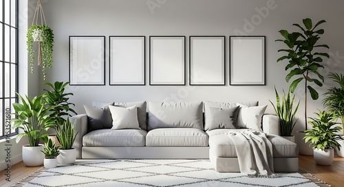 Frame mockup, ISO A paper size. Living room wall poster mockup set. Interior mockup with gallery wall of six frames. Minimalist modern home. 3D render