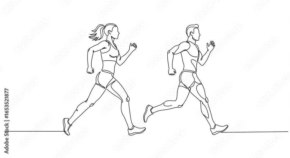 Fototapeta premium Running man and woman, isolated vector illustration in continuous line drawing style. Run, side view. Silhouettes of athletic looking male and female runners running.