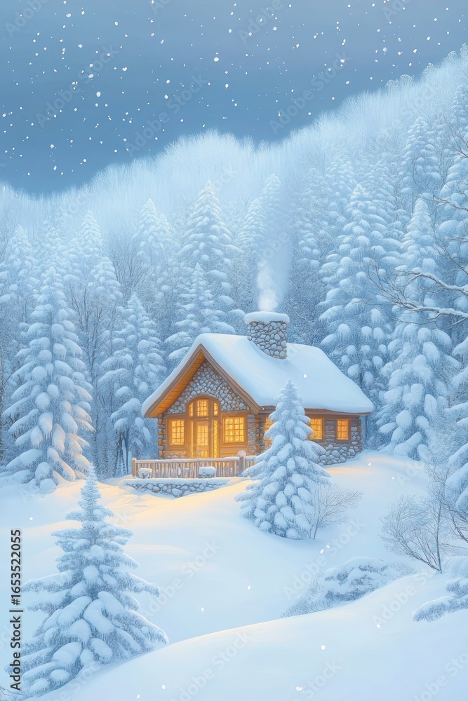Fototapeta premium Cozy stone cabin with warm glowing windows surrounded by snow-covered pine trees in a serene winter forest as snow gently falls
