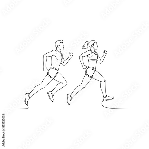 Running man and woman, isolated vector illustration in continuous line drawing style. Run, side view. Silhouettes of athletic looking male and female runners running.