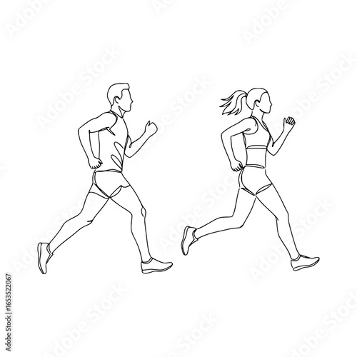 Running man and woman, isolated vector illustration in continuous line drawing style. Run, side view. Silhouettes of athletic looking male and female runners running.