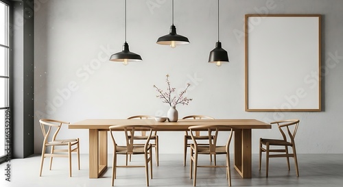Frame mockup, ISO A paper size. Dining room wall poster mockup. Interior mockup with long wooden table and six chairs. Japandi natural design. 3D render
