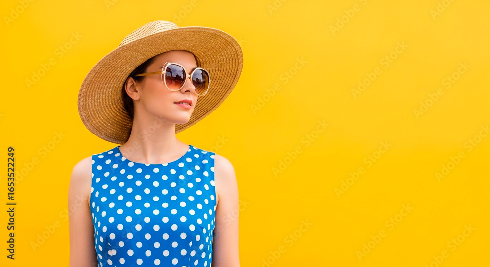 © DentinCrazy - Woman in a Sun Hat and Sunglasses Posing Against a Yellow Background © DentinCrazy - Woman in a Sun Hat and Sunglasses Posing Against a Yellow Background