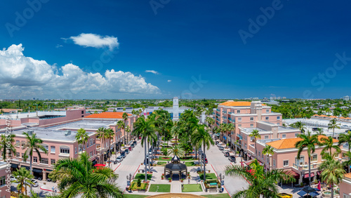 panoramic drone view of Mizner Park, Boca Raton, Florida with city 