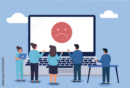 A team analyzes negative feedback or bad performance, symbolized by a sad face on a laptop, representing customer dissatisfaction and problem-solving