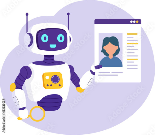 An AI robot analyzes a candidate's profile, symbolizing automated recruitment and human resources technology