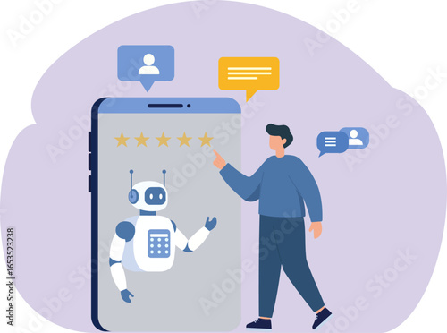 A man gives a 5-star rating to an AI chatbot on a mobile app, symbolizing excellent customer service and user satisfaction