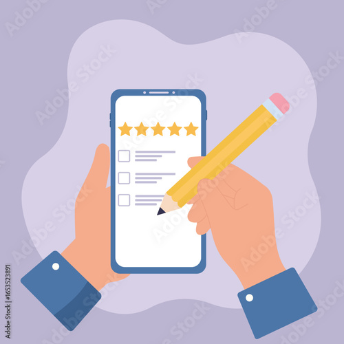 A person gives a five-star rating and completes a survey on a smartphone. This flat illustration symbolizes online feedback and customer experience