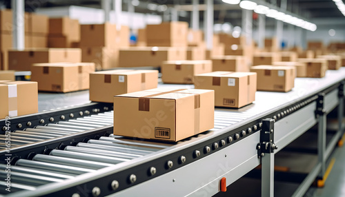Brown Cardboard Boxes Arranged On Silver Conveyor Belt Inside Large Industrial Warehouse With Bright Daylight