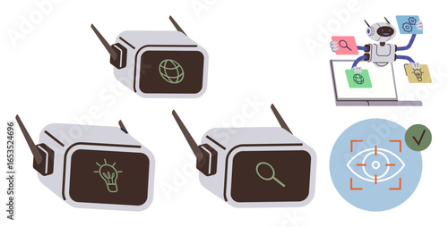 AI-powered robots organizing tasks on a laptop, paired with device icons representing creativity, global connection, and search. Ideal for technology, communication, innovation, research, automation