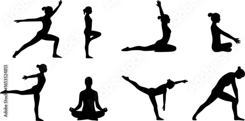 vector illustration shows 16 different yoga poses in black and white. The poses are simple line drawings of silhouettes arranged in a grid. The poses vary from seated to standing to inverted.