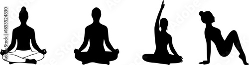vector illustration shows 16 different yoga poses in black and white. The poses are simple line drawings of silhouettes arranged in a grid. The poses vary from seated to standing to inverted.