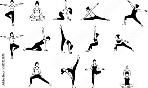 vector illustration shows 16 different yoga poses in black and white. The poses are simple line drawings of silhouettes arranged in a grid. The poses vary from seated to standing to inverted.