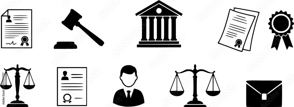 Obraz premium vector set of courtroom icon, witness stand icon, judge room icon, tribunal icon court room icons, Judge Team Icons Sign Vector 