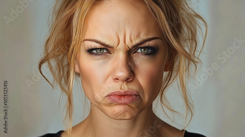 close-up of a young woman with furrowed brows and pursed lips expressing anger or frustration