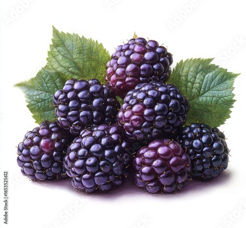 Wallpaper Mural Close-up of a cluster of ripe blackberries with green leaves on a white background, showing detailed texture and natural freshness Torontodigital.ca