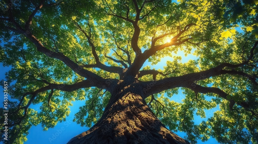 Fototapeta premium Majestic large tree with thick sturdy trunk and sprawling branches covered in green leaves illuminated by warm sunlight against a clear blue sky