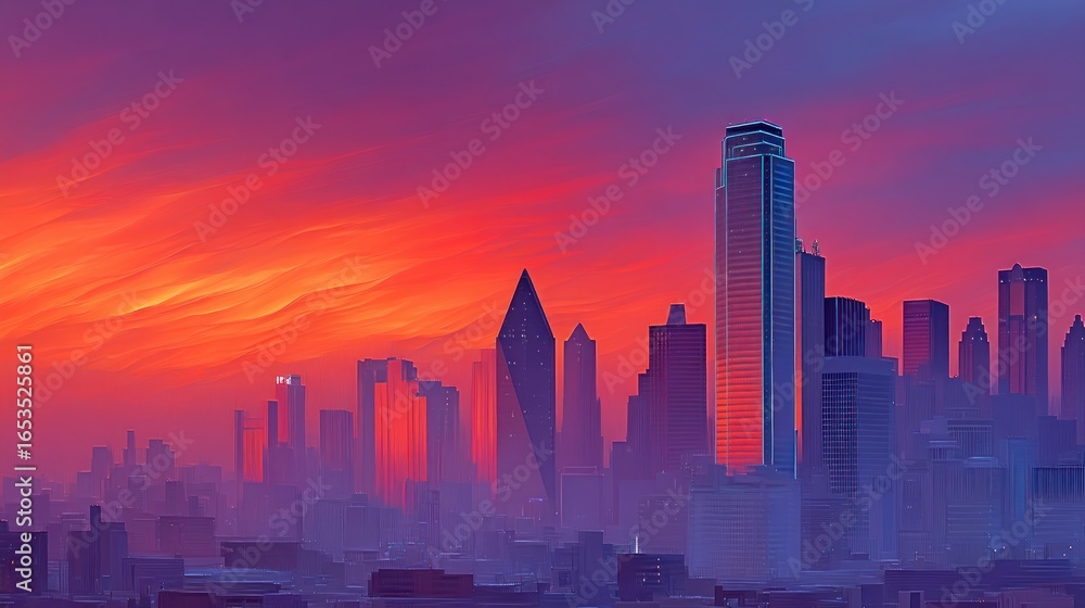 Fototapeta premium Downtown cityscape silhouetted against a vibrant red and purple sunset sky