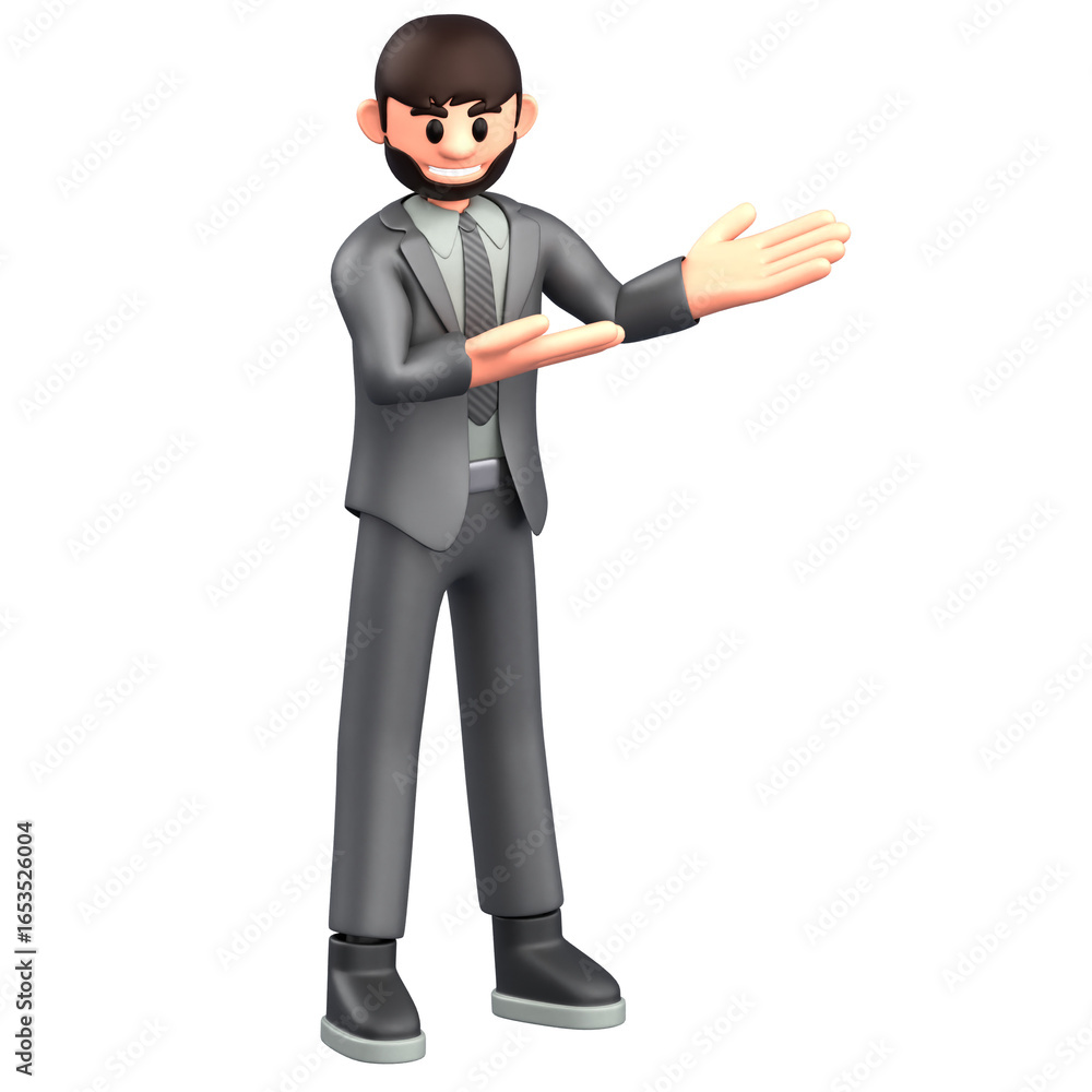 Obraz premium 3D Render Stylized 3D businessman in suit, gesturing with open arms; suitable for corporate, marketing, and presentation visuals.