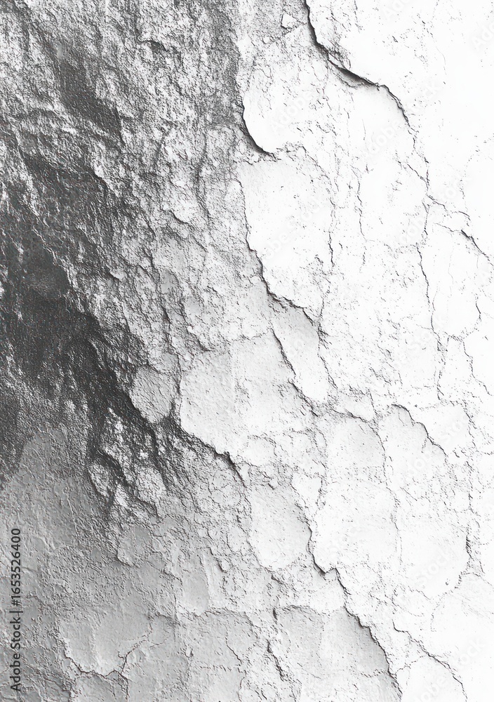 Obraz premium Close-up of cracked and peeling textured surface showing irregular patterns in shades of black, gray, and white creating an abstract and rough appearance