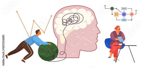 Man untangling yarn ball inside brain silhouette, woman using flowchart for strategy. Ideal for teamwork, psychology, problem-solving, mental clarity, strategy, focus, simple flat metaphor