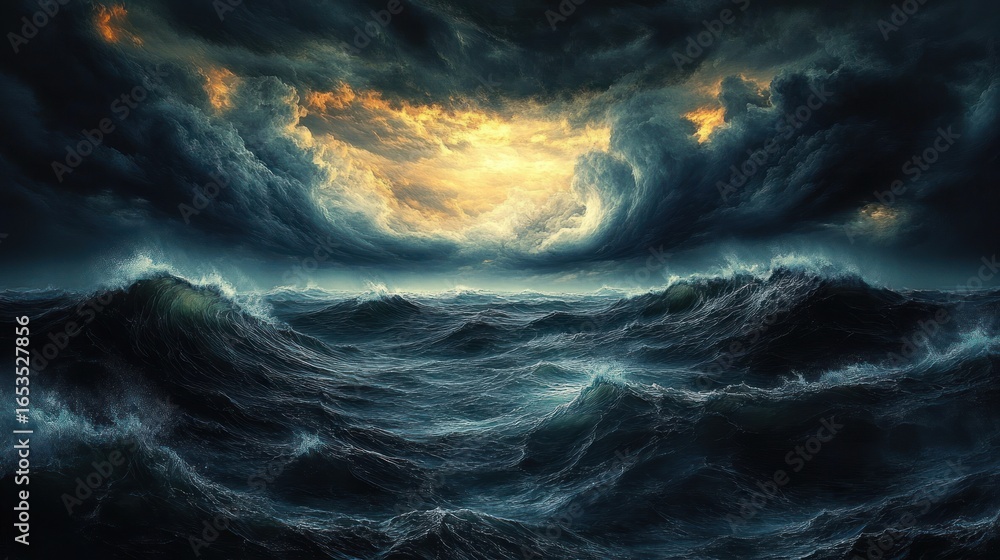 Naklejka premium dark stormy ocean waves under dramatic cloudy sky illuminated by a glowing golden sunset, evoking powerful and intense emotions
