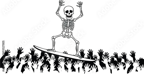 A cheerful skeleton with raised arms crowd surfing on a surfboard over a sea of reaching hands.