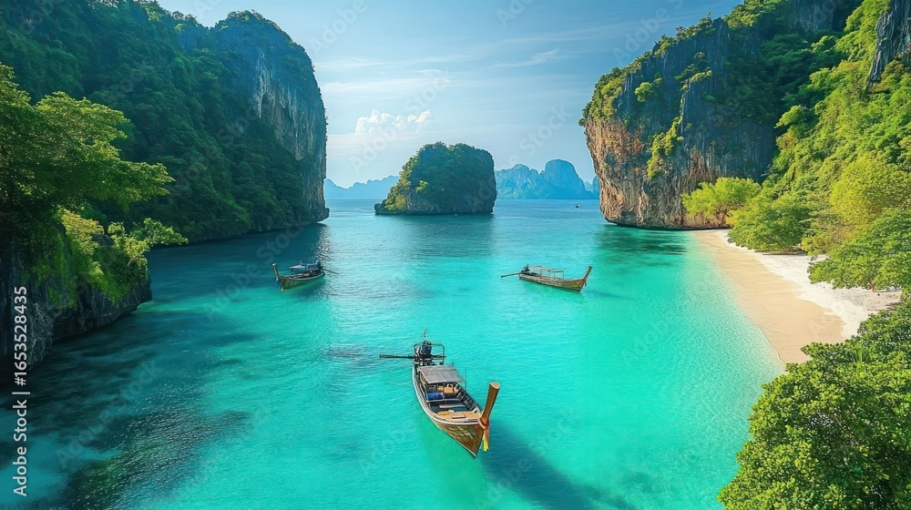 Obraz premium Clear turquoise water surrounded by lush green cliffs with small traditional wooden boats floating near a white sandy beach under a bright blue sky