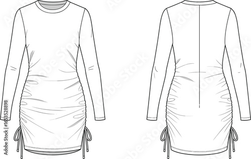 Long sleeve ruched dress, fashion flat sketch, women’s apparel design, bodycon style outfit, technical drawing, clothing template, garment design illustration