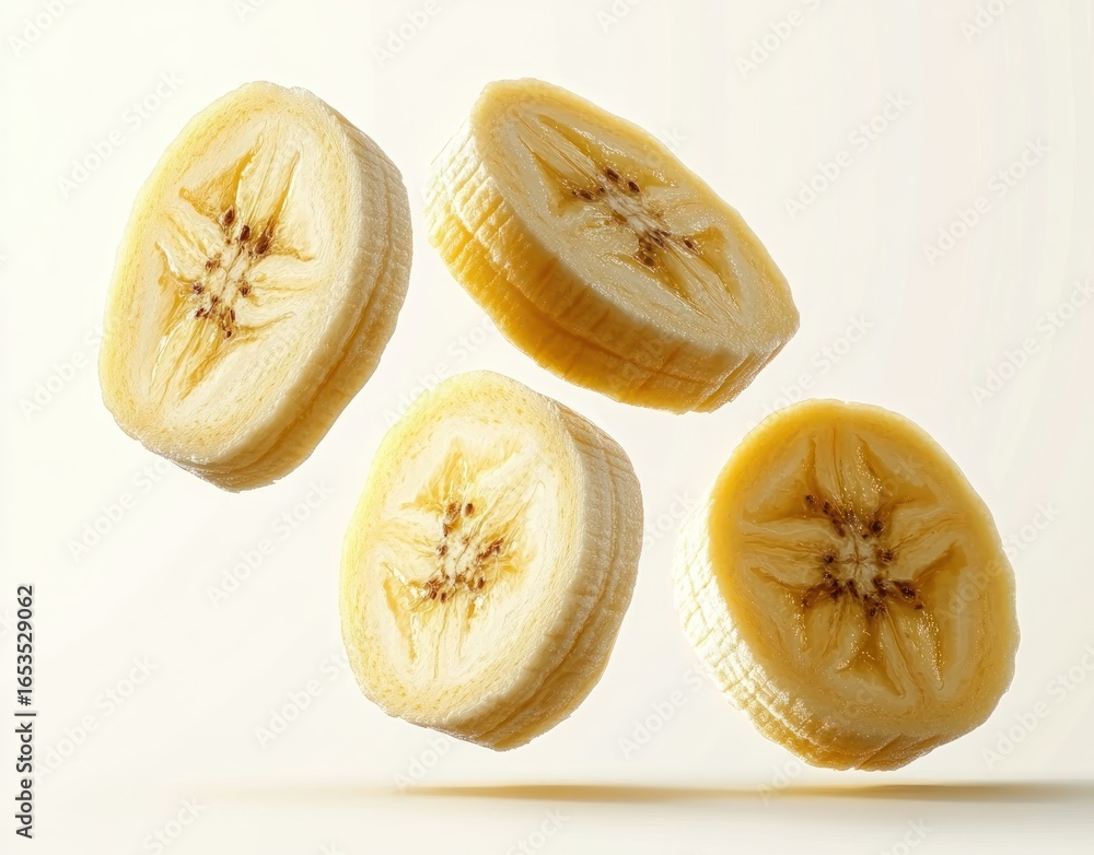 Four close-up slices of fresh banana floating against a light background, showing detailed texture and seeds inside the fruit Four close-up slices of fresh banana floating against a light background, showing detailed texture and seeds inside the fruit