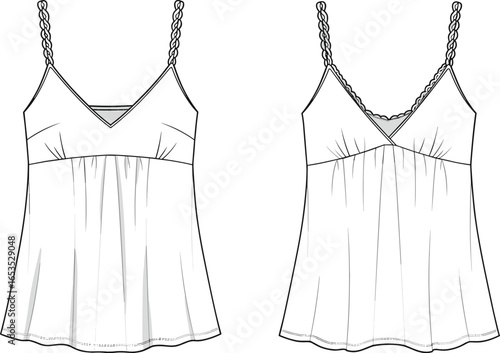 Women camisole top, braided strap blouse, lace trim neckline, fashion flat sketch, sleeveless garment, summer clothing template, apparel illustration, technical drawing