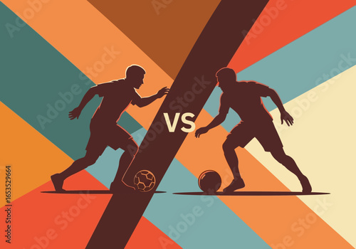 Football Showdown Two Players Battling for the Ball in a Retro-Inspired Arena